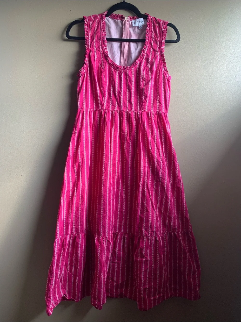 Maisie Women's Berry Pink Striped Sleeveless Tiered 100% Cotton Midi Dress